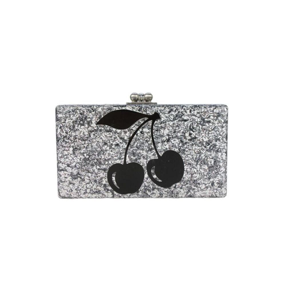 Edie Parker Womens Metal Cherry Diamond Print Clasp Clutch Handbag Silver